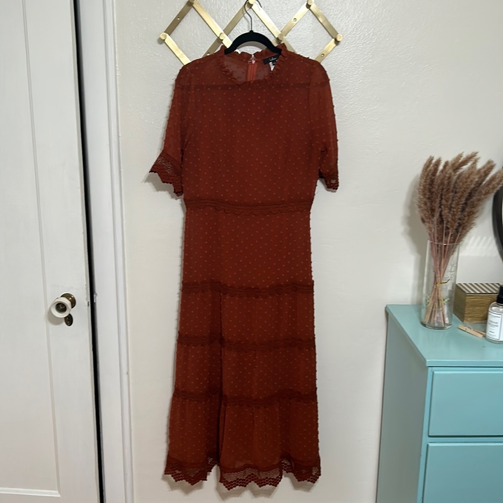 Dreaming of You Rust Orange Swiss Dot Midi Dress